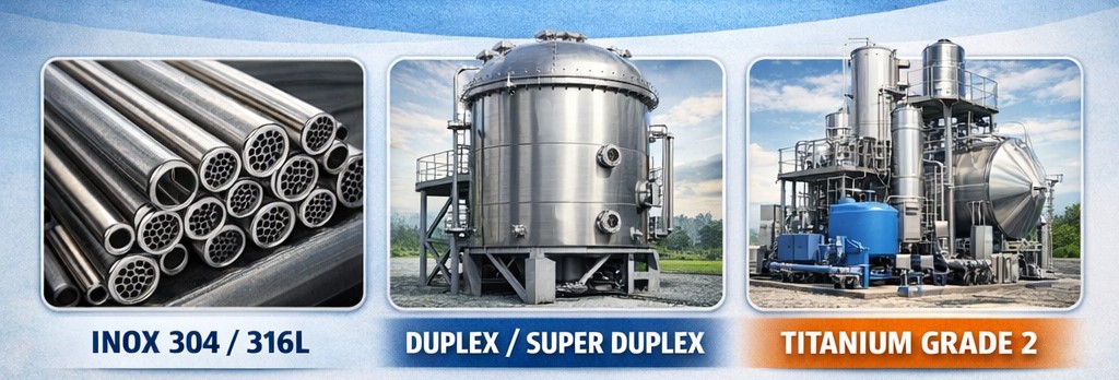 Guide to selecting materials for duplex titanium stainless steel evaporators.