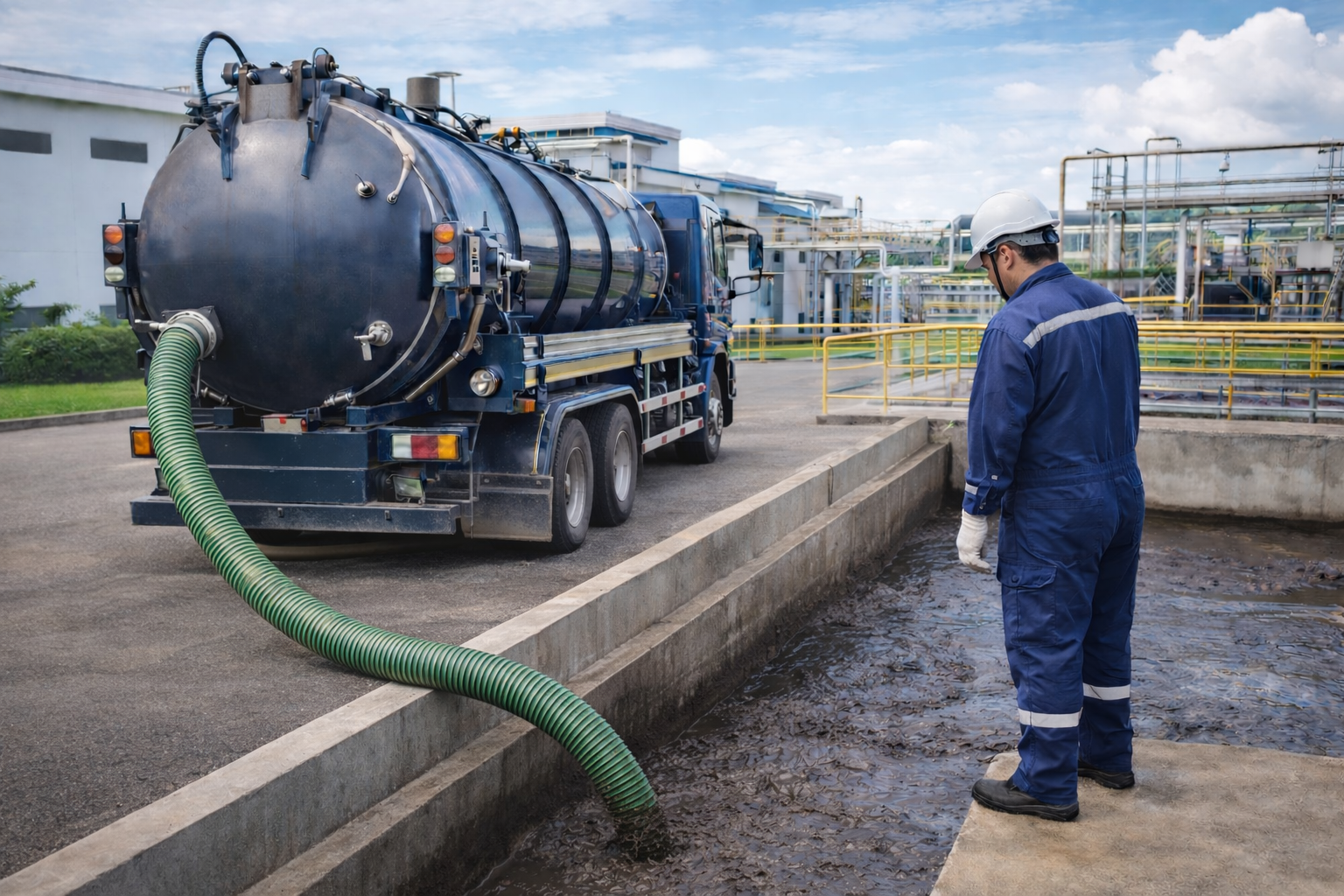 Vehicles carrying sludge generated during wastewater treatment processes.