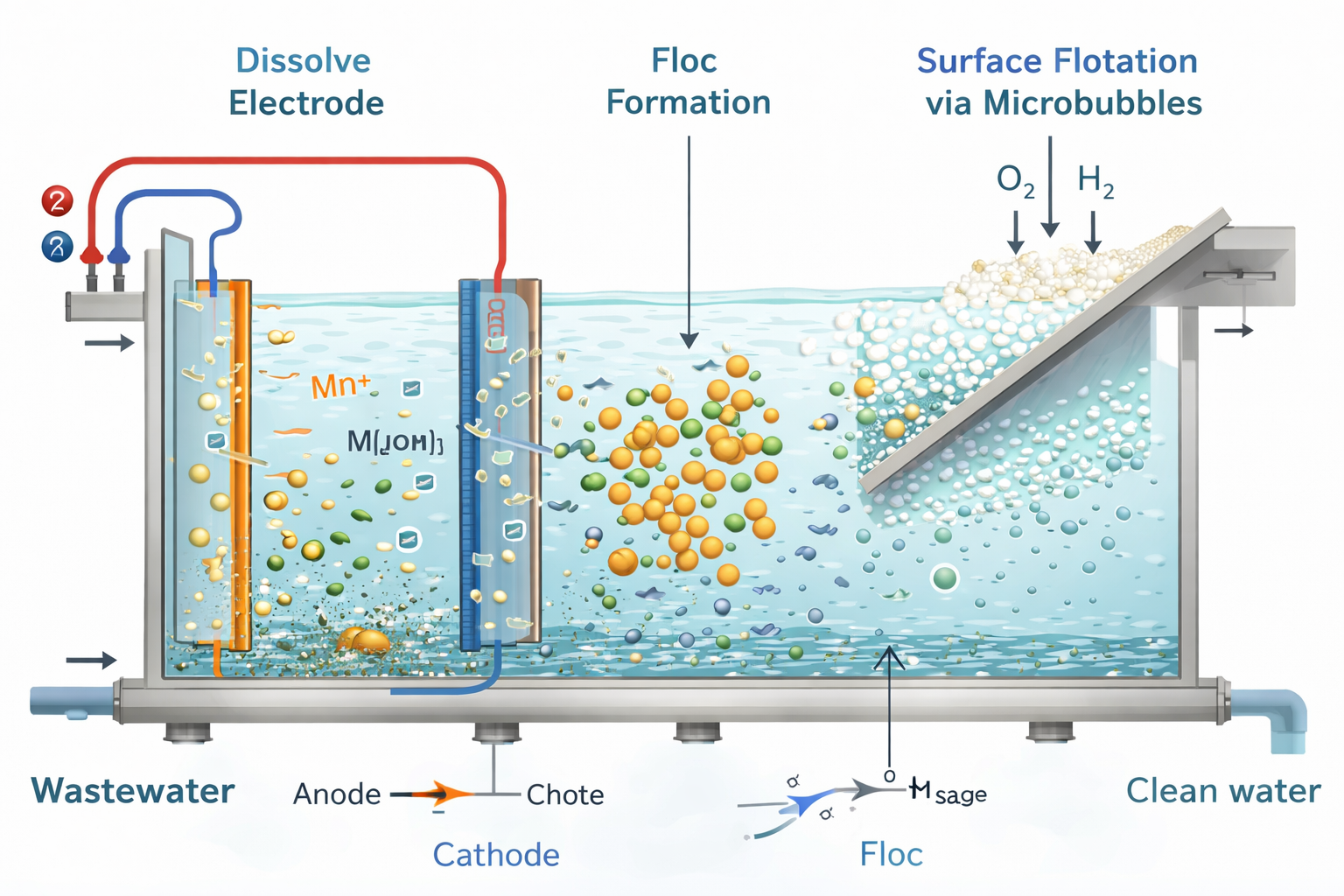 Process diagram showing electrode dissolution, floc formation, and flotation via microbubbles in ECR system.