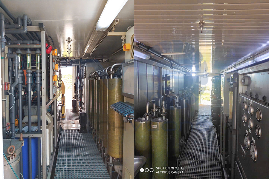 Integrated process blocks for physicochemical treatment, membranes, evaporation, and reuse in a skid-mounted arrangement.